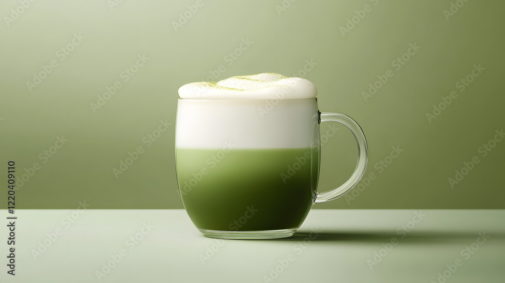 A Matcha Latte with creamy coconut milk and a rich matcha powder base, beautifully presented in a modern glass cup with frothy foam on top. A Matcha Latte with creamy coconut milk and a rich matcha powder base, beautifully presented in a modern glass cup with frothy foam on top.