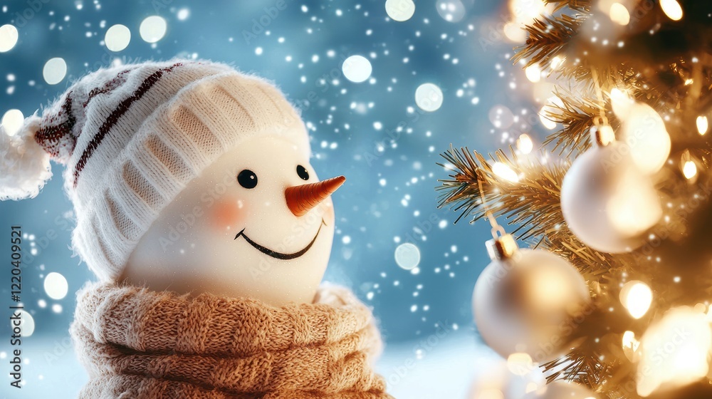 Obraz premium Cheerful Snowman in Winter Wonderland with Christmas Tree Decorations