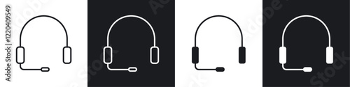 Headphone icons collection in black and white solid and line style