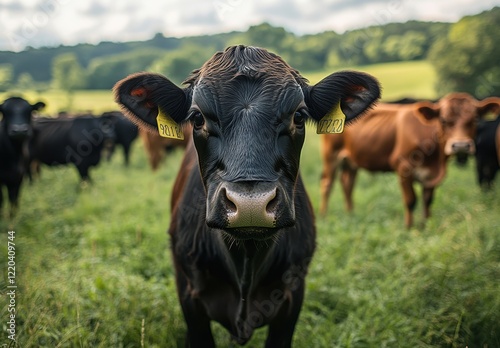 Close-up of a Curious Black Cow with Tags in a Green Pasture Surrounded by Other Cattle on a Clear Day with Rolling Hills in the Background