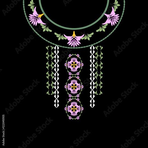 Necklace with flowers and beads. Vector illustration for your design. Ikat embroidery necklace design for shirts and tops.