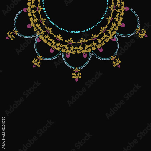 Necklace with precious stones. Vector illustration on black background. Ikat embroidery necklace design for shirts and tops.