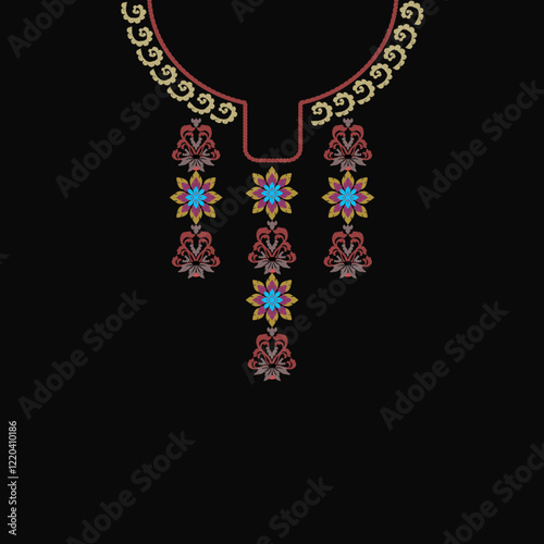Necklace with a pattern in the style of baroque. Ikat embroidery necklace design for shirts and tops.