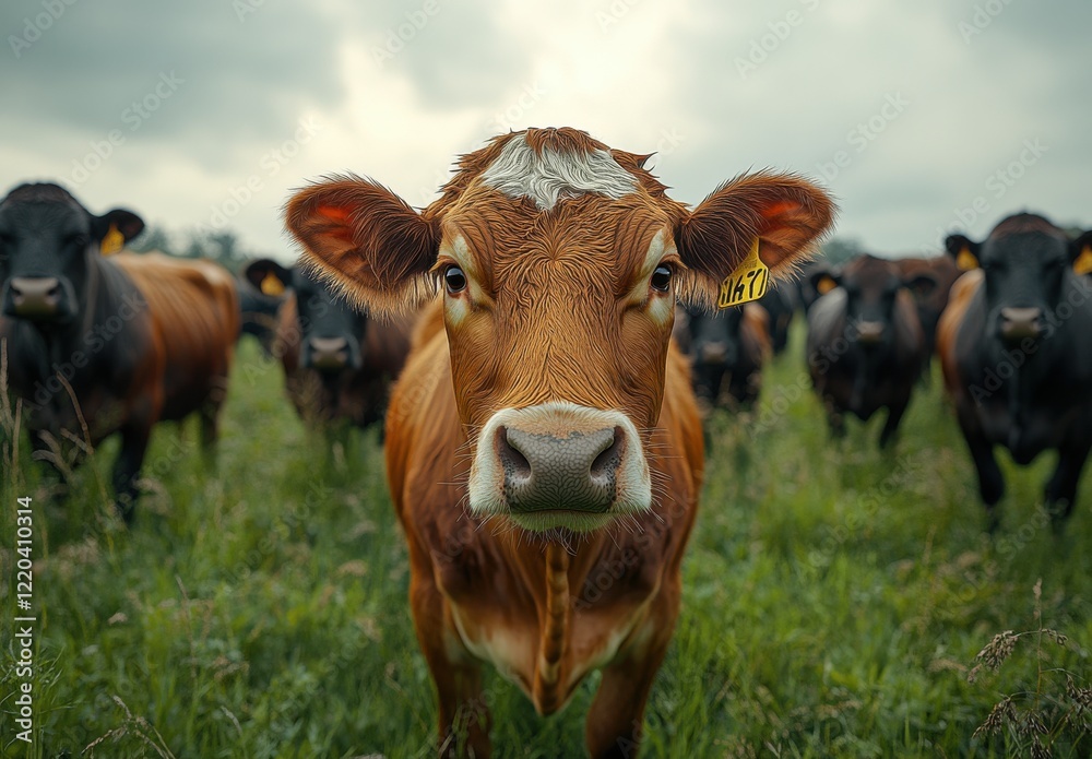 Close-Up of a Curious Brown Cow Surrounded by a Herd in a Grassy Field Under a Moody Sky, Perfect for Capturing Livestock and Rural Life Themes Close-Up of a Curious Brown Cow Surrounded by a Herd in a Grassy Field Under a Moody Sky, Perfect for Capturing Livestock and Rural Life Themes