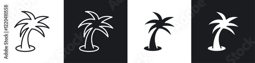 Palm tree icons collection in black and white solid and line style