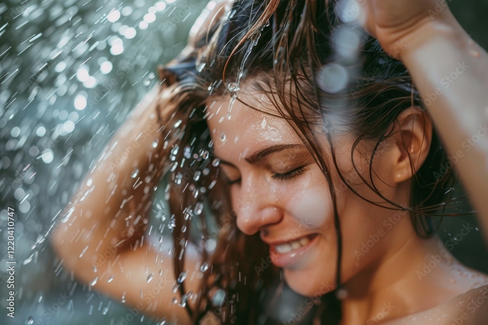 Obraz premium Young woman enjoying a refreshing shower, washing her hair with fresh water under a waterfall
