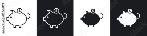 Piggy bank icons collection in black and white solid and line style