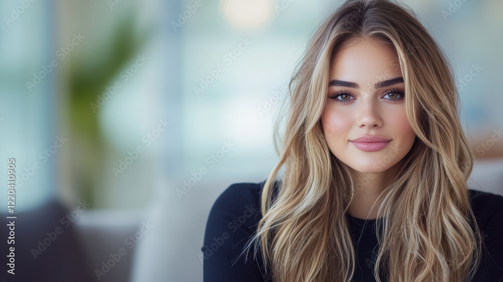 Fototapeta premium Young Woman with Beautiful Hair and Natural Makeup Smiling Brightly
