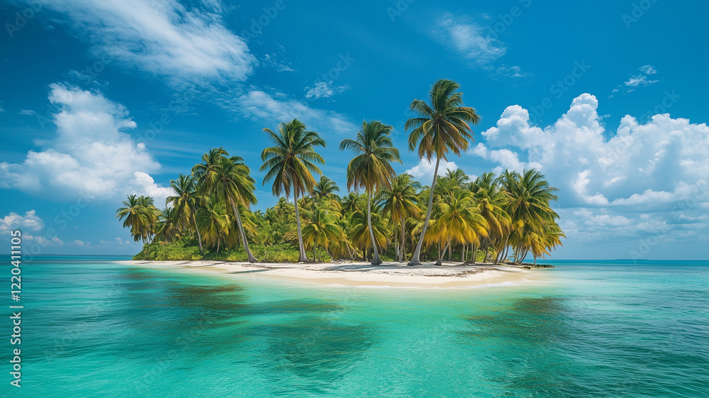 Naklejka premium Serene Tropical Beach With Crystal Clear Water And Lush Palm Trees