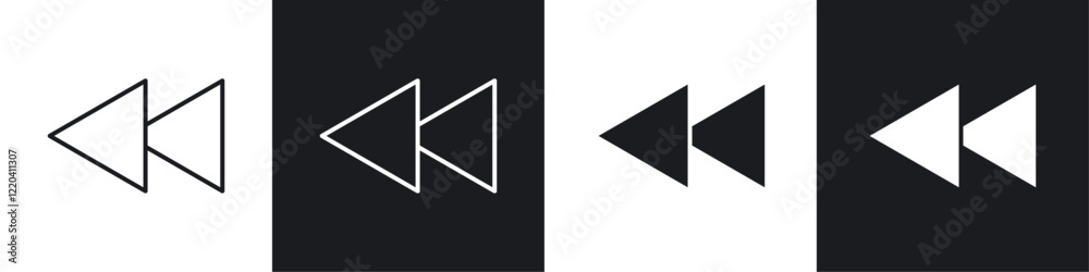 Rewind button icons collection in black and white solid and line style
