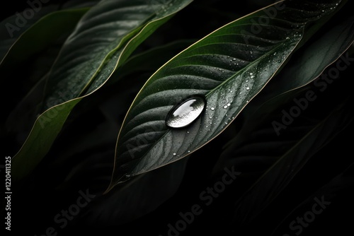 Raindrop resting on lush green leaves in a darkened tropical environment. Generative AI