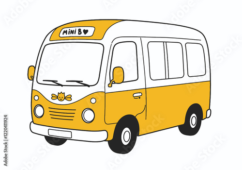 Mini Bus Clip Art. This is a cartoon illustration of a small, yellow bus with a white roof and the word 