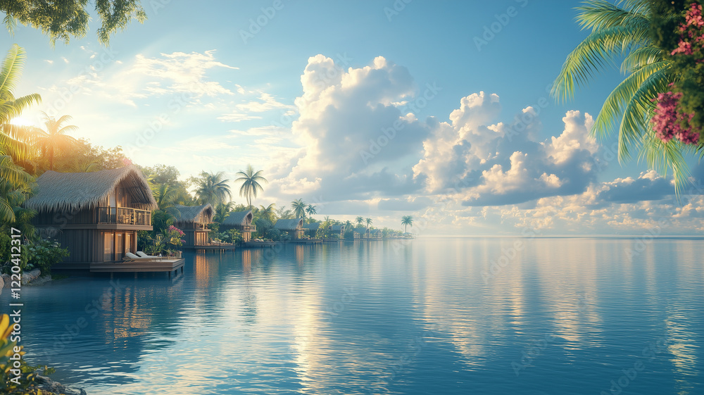 Fototapeta premium Serene Tropical Beach With Crystal Clear Water And Lush Palm Trees