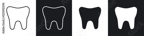 Tooth icons collection in black and white solid and line style
