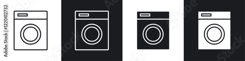 Washing machine icons collection in black and white solid and line style