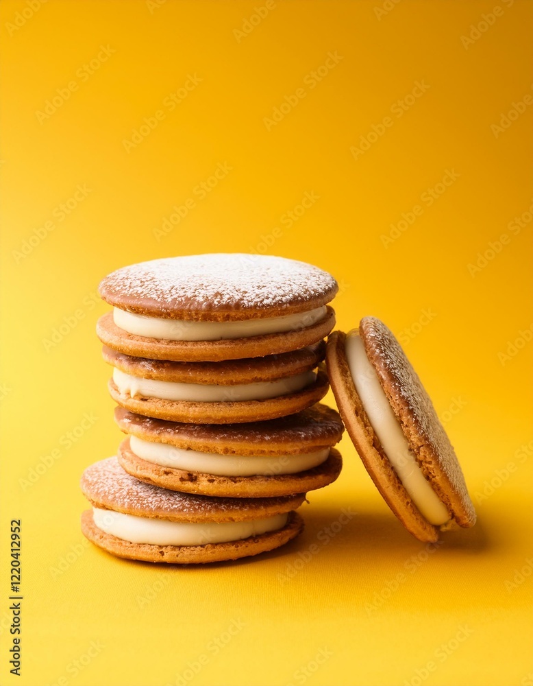 Fresh argentina dish alfajores cookies, dulce de leche cookies on yellow background Fresh argentina dish alfajores cookies, dulce de leche cookies on yellow background