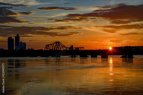 Long Bien Bridge at Sunrise in Hanoi, Vietnam