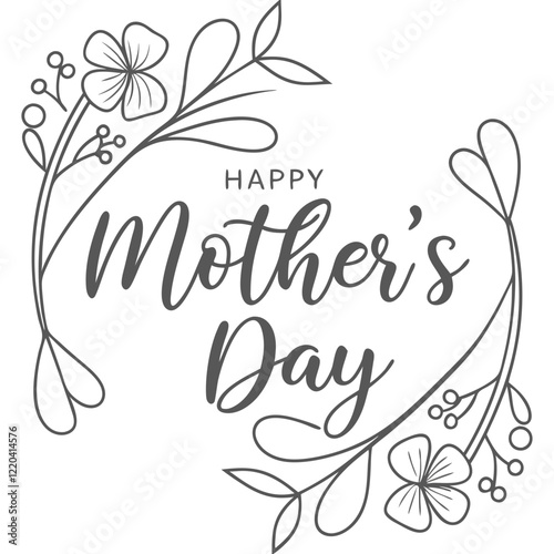 Happy Mother's Day in Silver Font with Abstract Floral Decorations. Perfect for: Mother's Day, upscale dinners, modern minimalist events