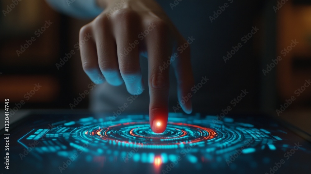 Naklejka premium A hand interacts with a glowing touchscreen display featuring a circular, futuristic interface with vibrant colors and a red light at the center, Marketing research concepts.