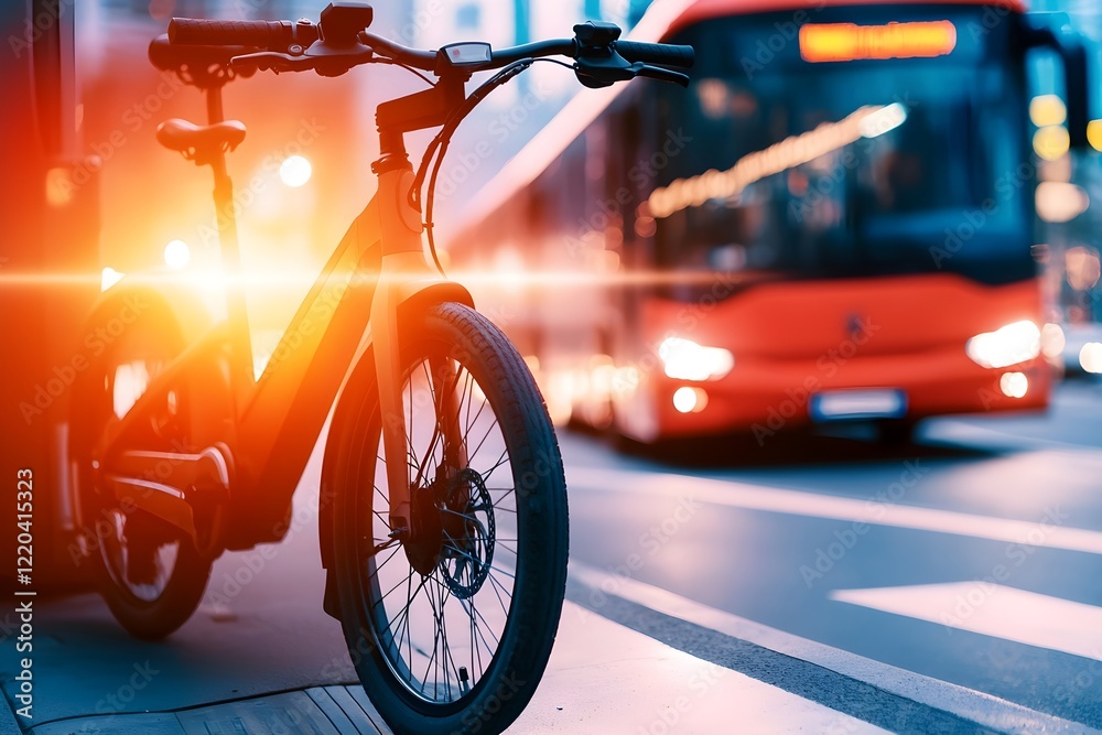 Fototapeta premium A bicycle is parked next to a red bus on a city street
