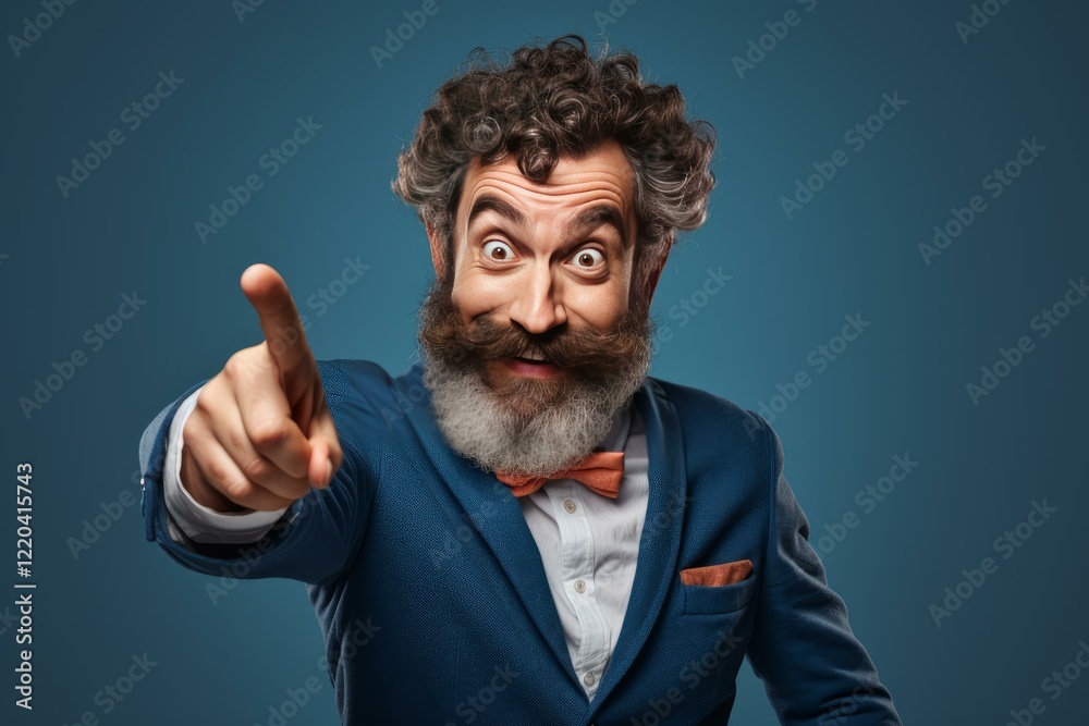 Excited businessman pointing finger, making funny face and looking at you on blue background