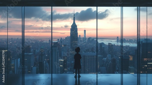 Silhouette of a Child Gazing at the Majestic New York City Skyline at Sunset