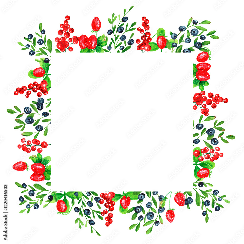 Watercolor wreath on white background. Summer frame strawberry, red currant and blueberry. Berries design. Perfect for card, poster, postcard, invitations, wedding, birthday party. Watercolor wreath on white background. Summer frame strawberry, red currant and blueberry. Berries design. Perfect for card, poster, postcard, invitations, wedding, birthday party.