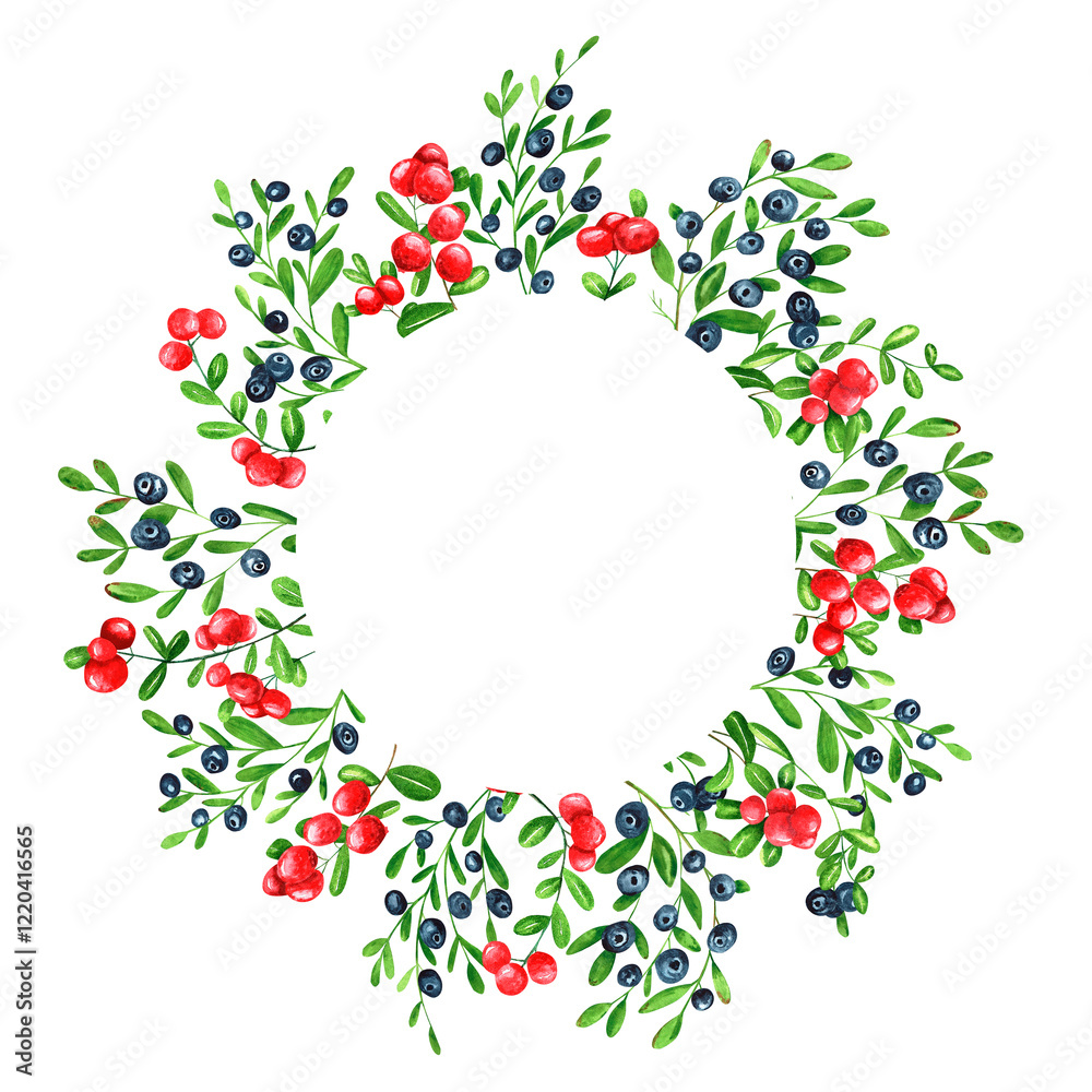 Watercolor wreath on white background. Summer round frame cowberry, blueberry. Berries design. Perfect for card, poster, postcard, invitations, wedding, birthday party. Watercolor wreath on white background. Summer round frame cowberry, blueberry. Berries design. Perfect for card, poster, postcard, invitations, wedding, birthday party.