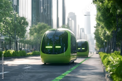 Two green vehicles are driving down a city street
