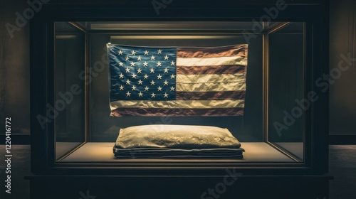 A folded American flag displayed in a glass case, illuminated softly with warm tones, creating a sense of preservation and respect for tradition