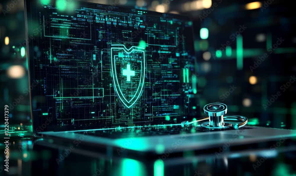 Digital Health Security Concept with Stethoscope on Laptop, Symbolizing Medical Data Protection and Cybersecurity in Healthcare Technology, Highlighting Online Safety and Medical, Generative AI Digital Health Security Concept with Stethoscope on Laptop, Symbolizing Medical Data Protection and Cybersecurity in Healthcare Technology, Highlighting Online Safety and Medical, Generative AI
