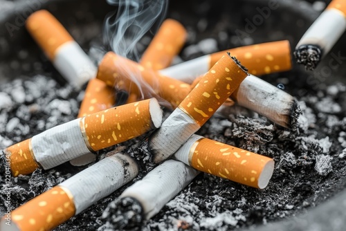 Many cigarette butts smoldering in ashtray creating smoke