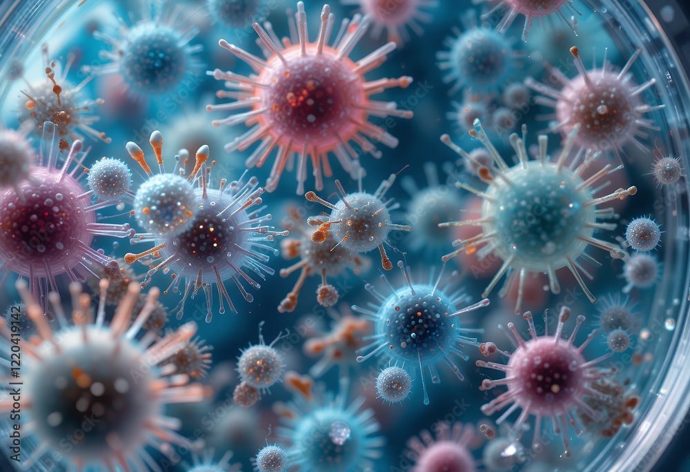 Microscopic View of a Cluster of Viruses with Prominent Spikes and Varying Colors Microscopic View of a Cluster of Viruses with Prominent Spikes and Varying Colors