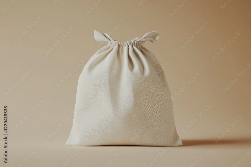 Simple White Fabric Bag with Ties on a Soft Brown Background Simple White Fabric Bag with Ties on a Soft Brown Background