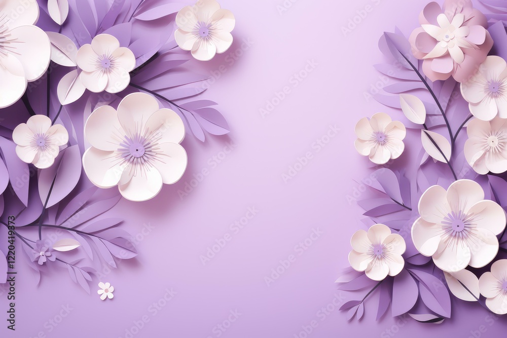 Beautiful handcrafted paper flowers and leaves arranged artistically on a purple backdrop, forming an elegant border Beautiful handcrafted paper flowers and leaves arranged artistically on a purple backdrop, forming an elegant border
