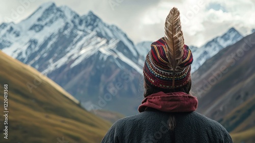 A person wearing a traditional alpine hat with a feather, standing in front of snow-capped mountains. photo