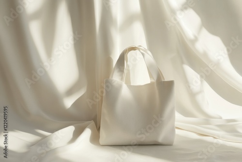 Minimalist White Tote Bag on Soft Fabric Background with Shadows