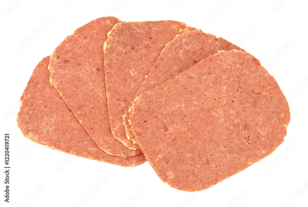 Group of corned beef meat slices isolated on a white background Group of corned beef meat slices isolated on a white background