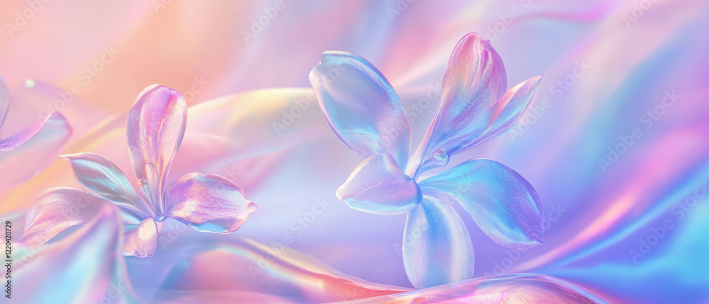 Soft holographic background featuring delicate floral elements in a serene arrangement Soft holographic background featuring delicate floral elements in a serene arrangement