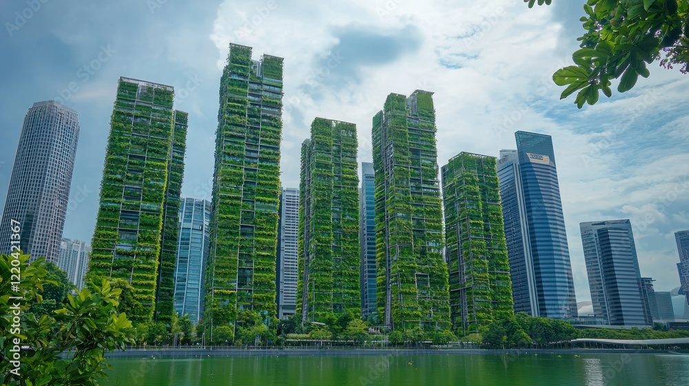 Fototapeta premium A green city skyline with buildings covered in vertical gardens, symbolizing urban sustainability.