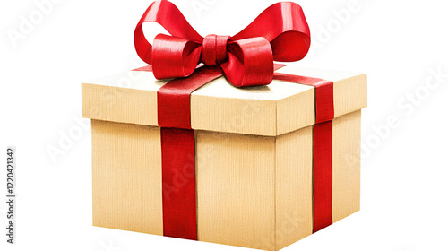 watercolor of golden gift box with red ribbon bow isolated on white or white png photo