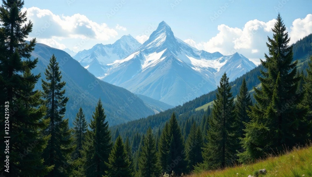 Dense forest with snow-capped mountains in the distance, trees, scenery Dense forest with snow-capped mountains in the distance, trees, scenery