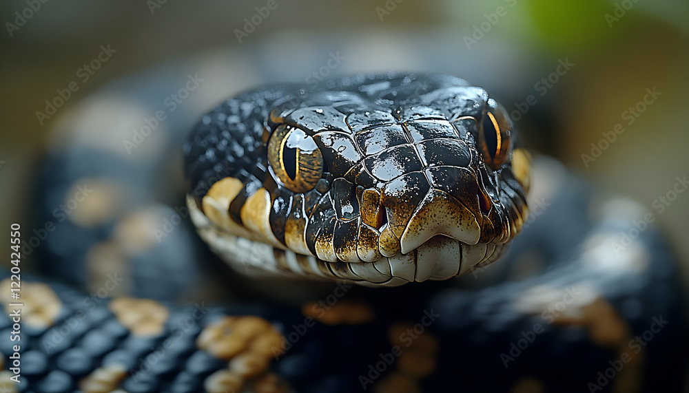 Close-up of a black snake's head, rainforest background, wildlife photography for nature documentaries Close-up of a black snake's head, rainforest background, wildlife photography for nature documentaries