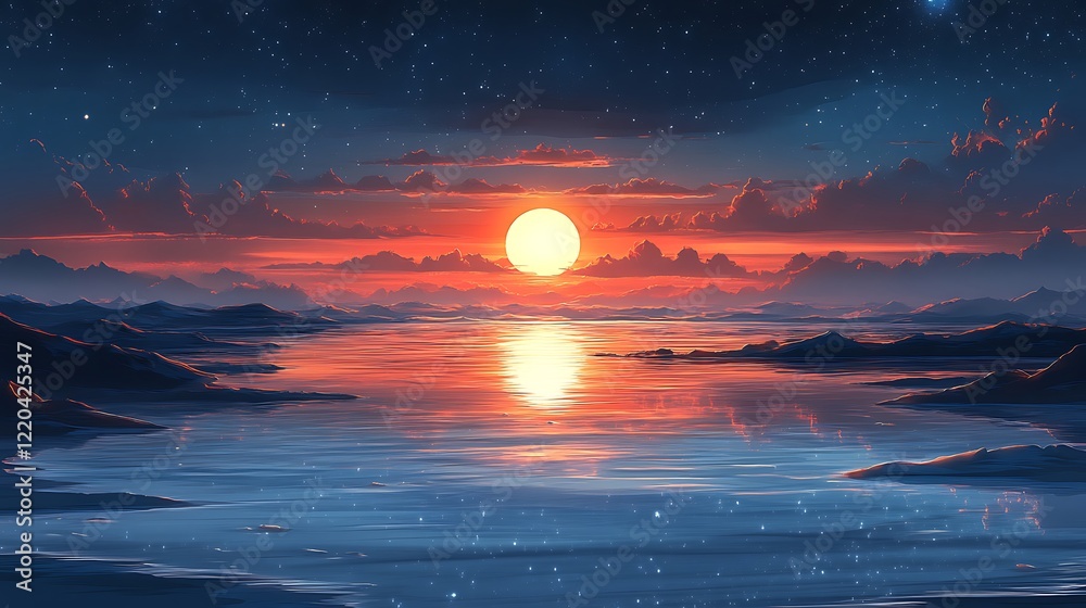 Fototapeta premium Serene Sunset Over Mountain Lake Under Starry Sky