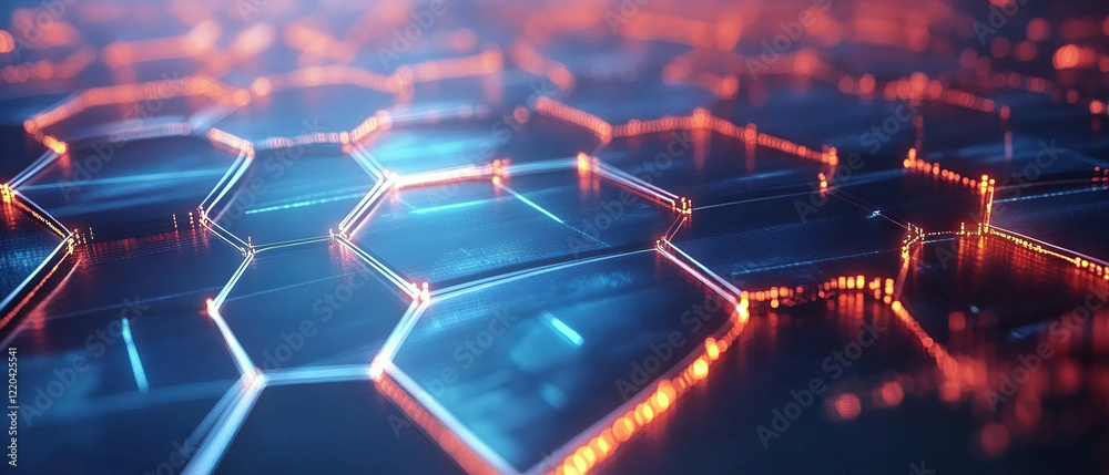 Fototapeta premium Hexagonal blockchain grid design with central space and geometric elements for digital context