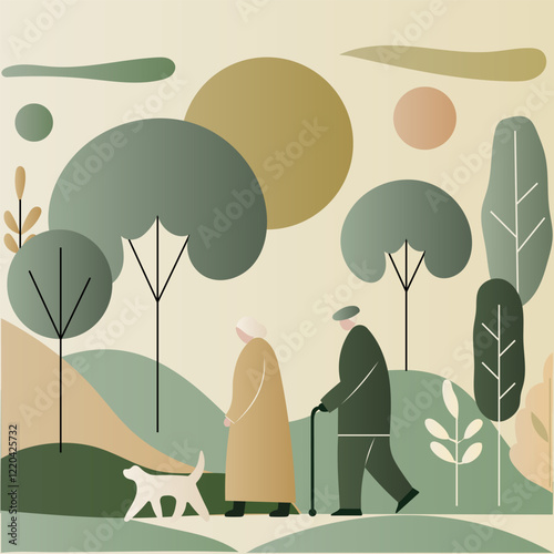 Hand-drawn illustration of an elderly couple with a dog in a park with harmonious colors
