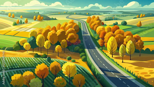 Aerial top down view of yellow autumn trees growing along a road between lush pastures and farmlands of England. English countryside with emerald green fields and ..