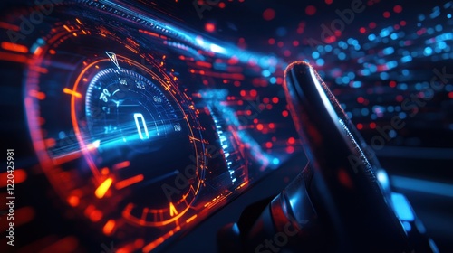 Closeup of car speedometer object with dark background arrow digital data display, symbolizing high performance and normal running engine