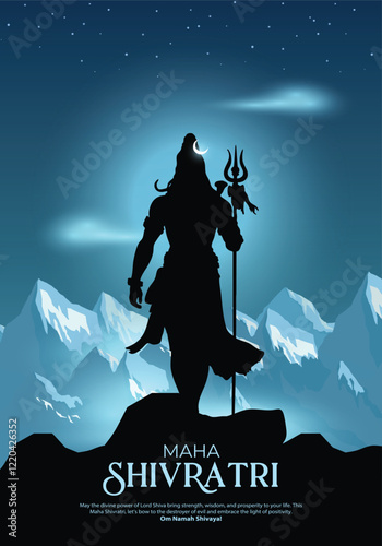 Happy maha Shivratri, a Hindu festival celebrated of lord shiva night. Creative vector illustration design with silhouette of lord shiva and background of Himalayas. photo