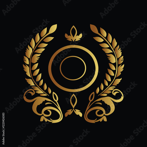 Elegant Golden Emblem with Crown and Laurel Wreath on Dark Blue Background